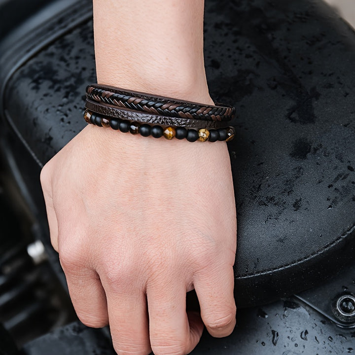 Men’s Fashion Layered Faux Leather Bracelet with Tiger Eye Beads