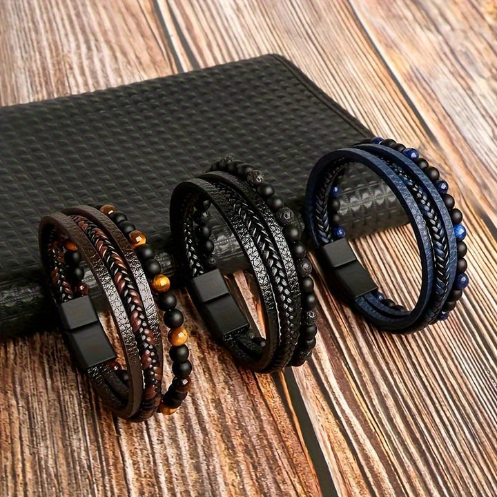 Men’s Fashion Layered Faux Leather Bracelet with Tiger Eye Beads