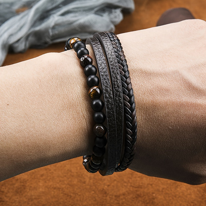 Men’s Fashion Layered Faux Leather Bracelet with Tiger Eye Beads